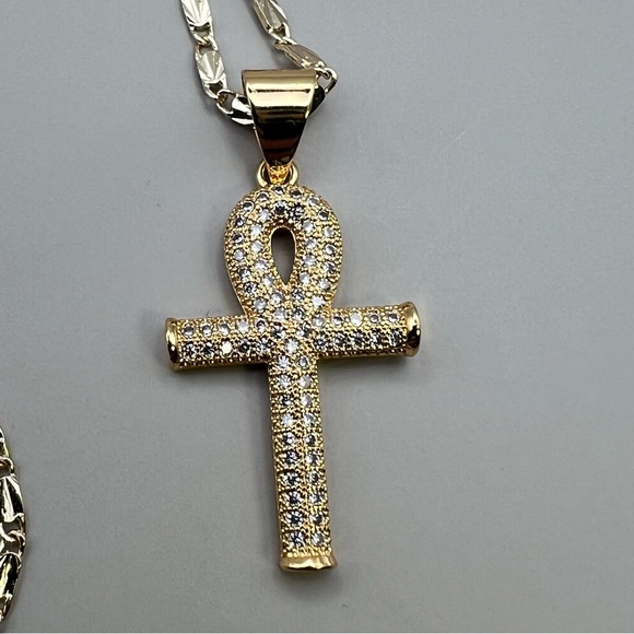 New Ankh Gold Tone CZ Iced Pendant Necklace with 22” Chain - Picture 4 of 8